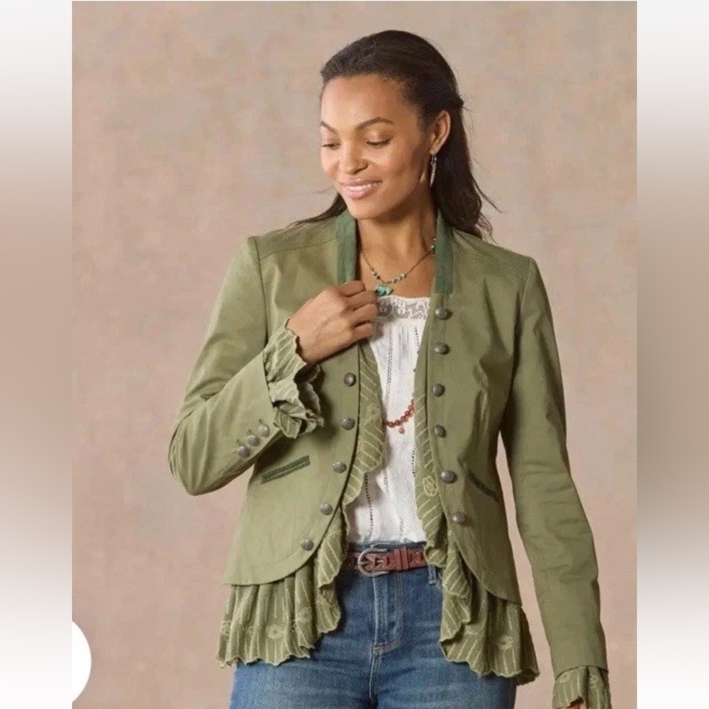Sundance Caroline Ruffle Jacket Olive Green Embroidery Boho Size Medium